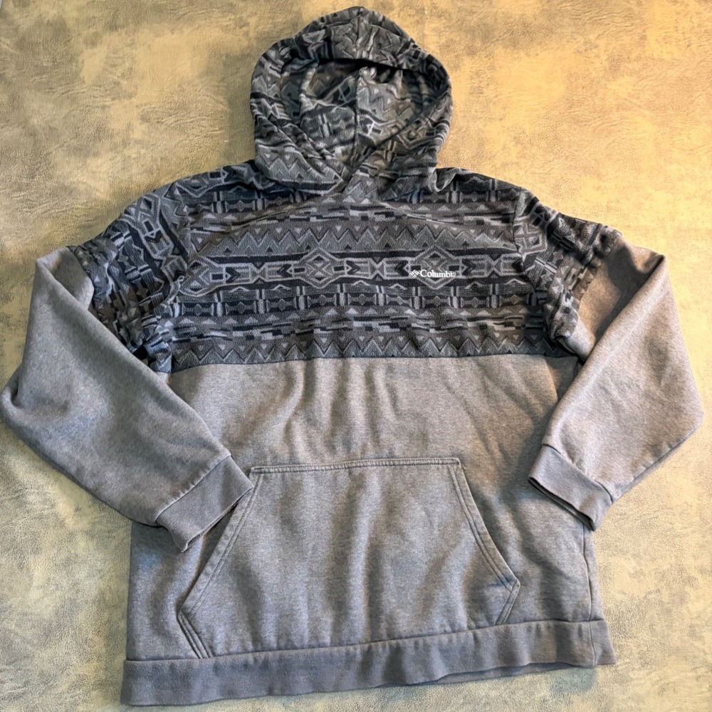 Columbia Hoodie Mens Large Gray Aztec Geometric Fleece Mixed Media AM8897‎